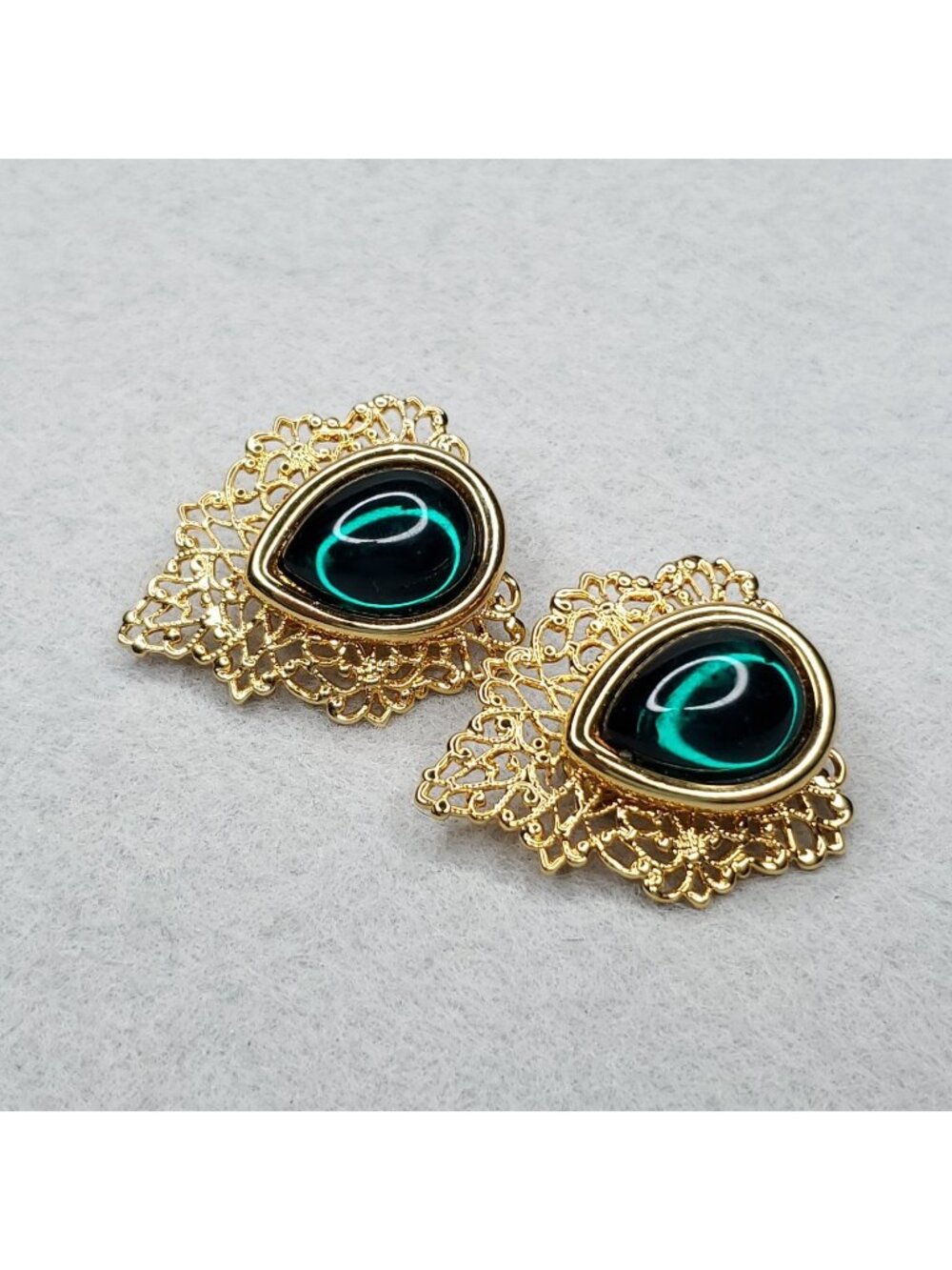Clip On Earrings Gold Tone Filigree Green Lucite Statement 1.25"
